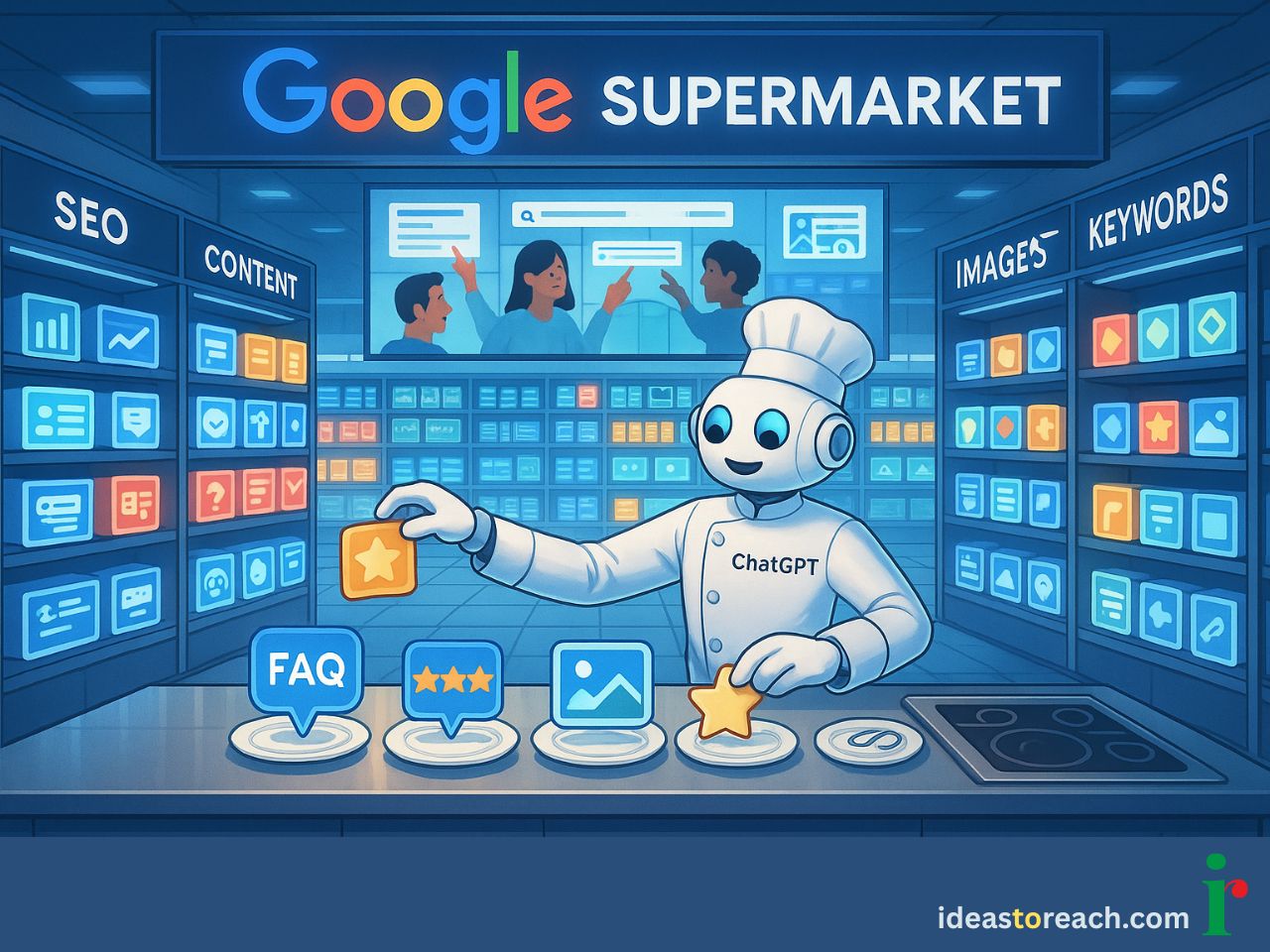 Illustration of ChatGPT selecting content elements inside a Google-themed supermarket, symbolizing visibility across Google and AI platforms